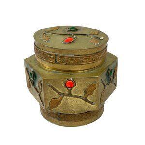 Vintage Chinese Brass Trinket Box With Enamel Inlays Decorative Lid Snuff
